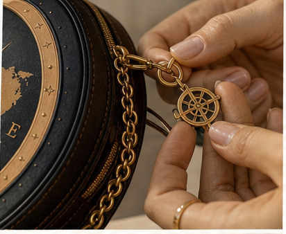 Hands attaching a travel charm to the Compass bag