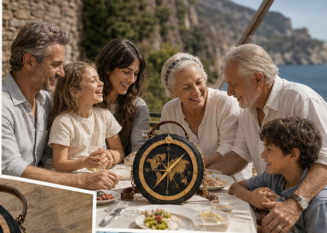 A family sharing a sunlit meal with the Compass bag
