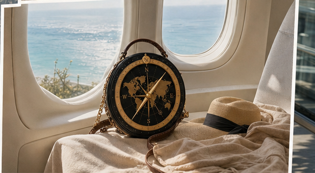 The Compass bag beside an aircraft window