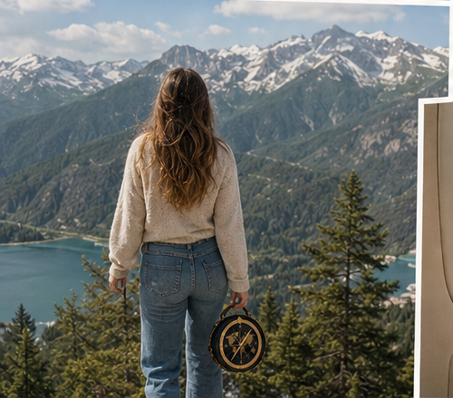 A traveller carrying the Compass bag at a mountain overlook