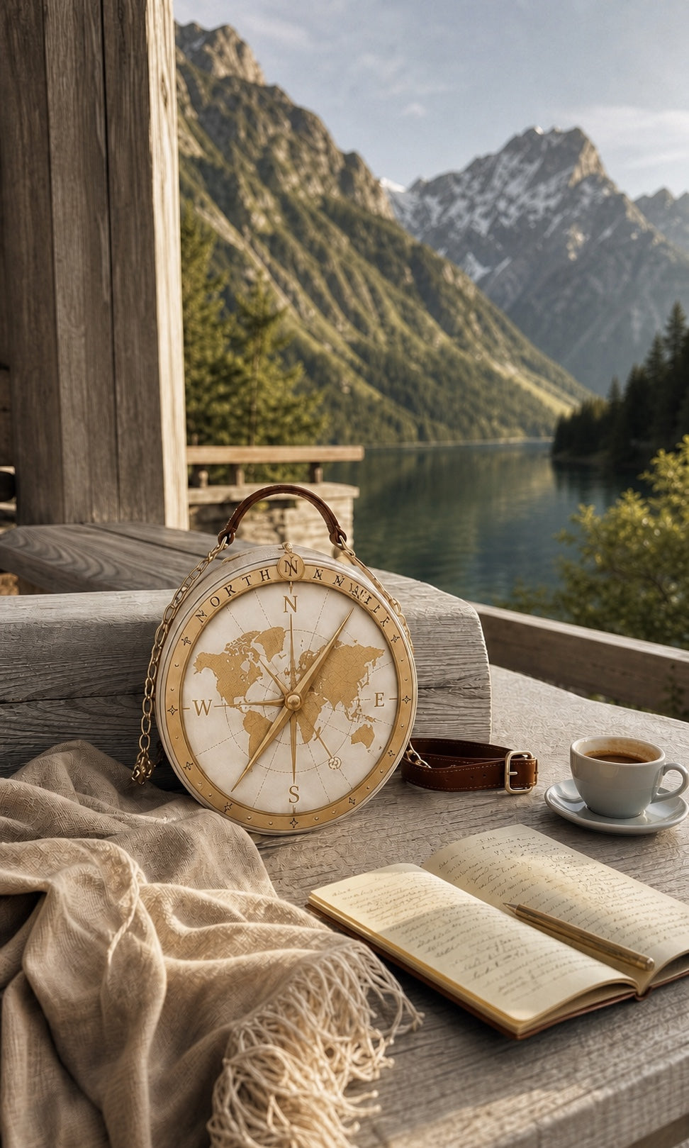Arctic Ivory Compass beside a journal at an alpine lake